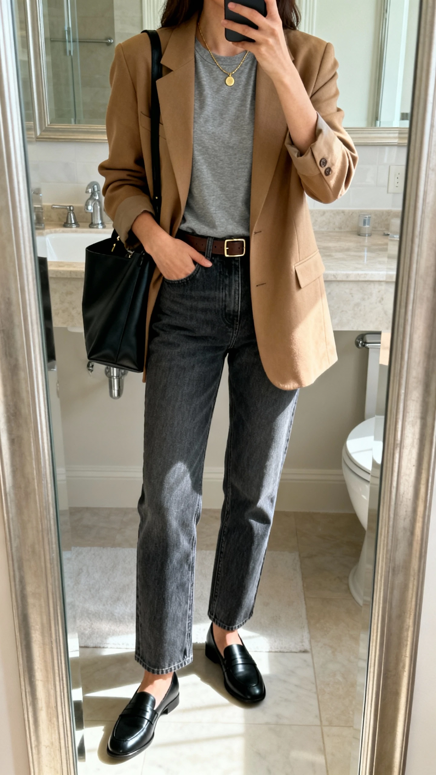 iPhone mirror selfie of a woman wearing straight-leg mid-wash jeans, a gray tee, camel blazer layered on top, black loafers, slim leather belt, simple gold necklace, black tote bag, face not visible, bathroom full-length mirror, soft morning light, iPhone photo quality.