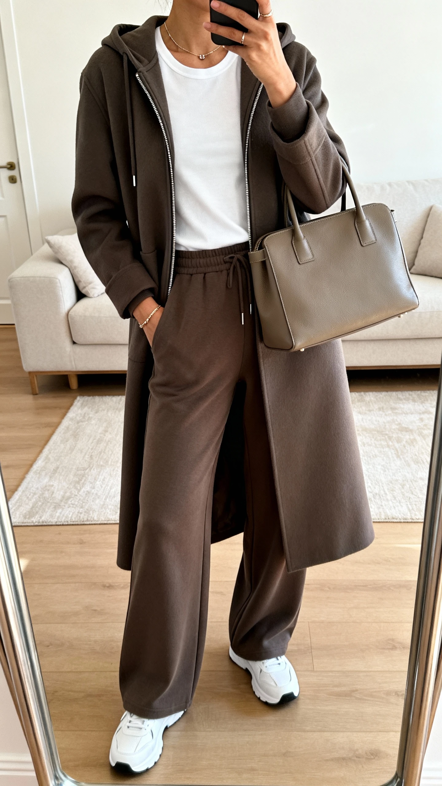 iPhone mirror selfie of a woman wearing wide-leg joggers with a fitted white tee, sleek zip-up hoodie layered under a longline coat, clean white sneakers, minimal jewelry, and a structured tote, face not visible, cropped at neck, living room mirror, soft indoor lighting, iPhone photo quality.