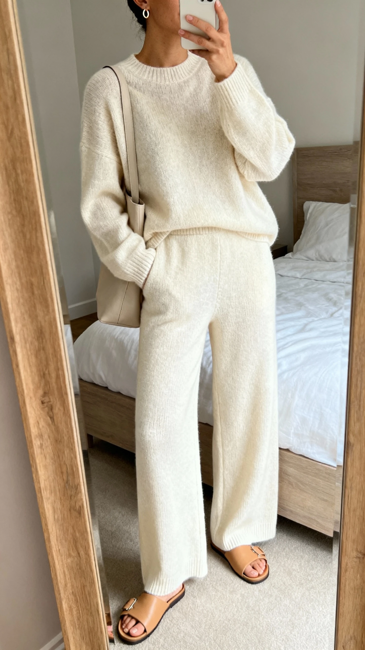 iPhone side-angle mirror selfie of a woman in a luxe knit set: cream cashmere knit sweater with matching wide-leg knit pants, tan slide sandals, tiny hoop earrings, minimalist shoulder bag, face not visible, cropped at shoulders, bedroom mirror, natural daylight, iPhone photo quality