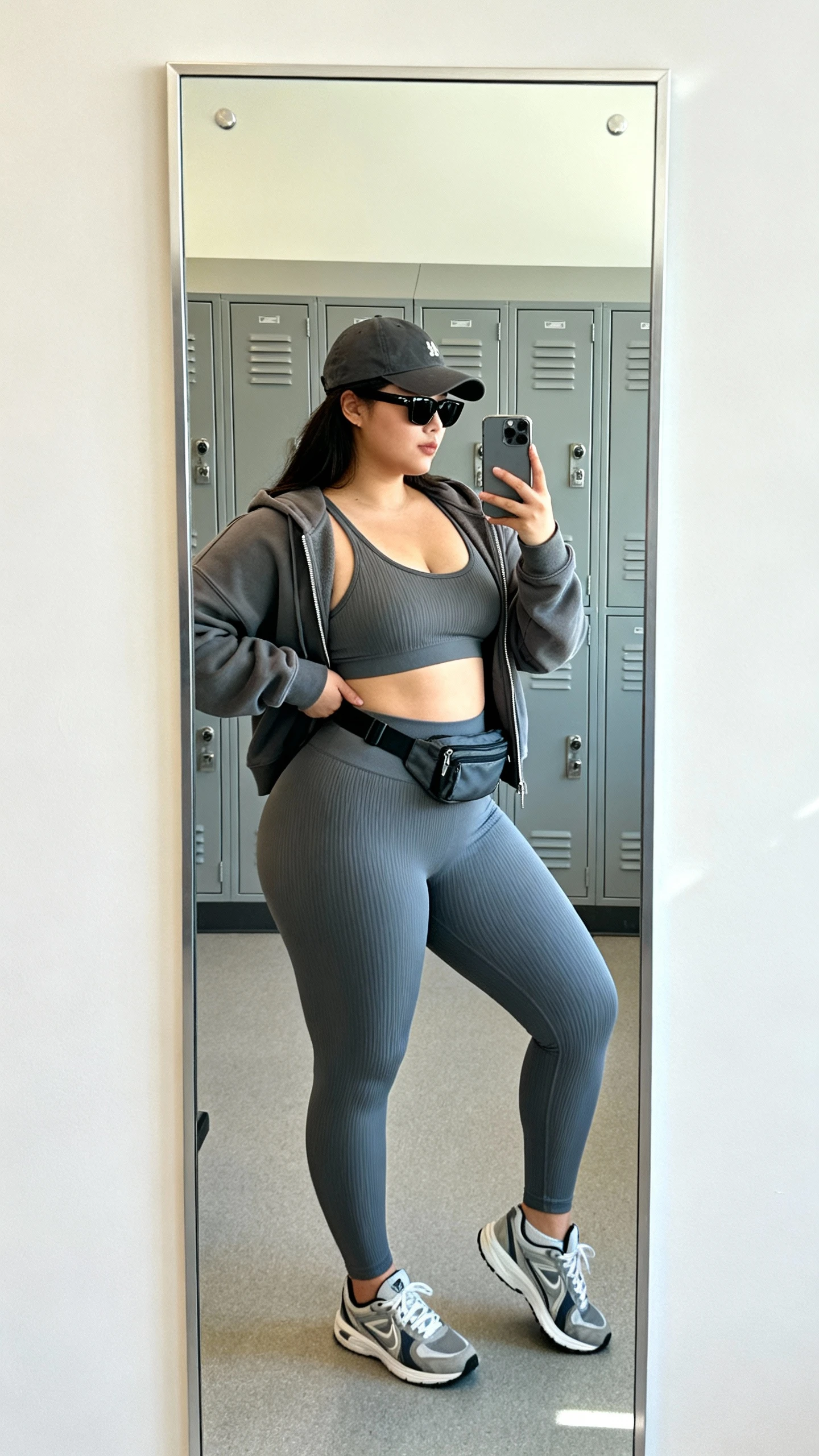 iPhone side-angle mirror selfie of a woman in athleisure-plus: matching ribbed sports bra and high-waist leggings, oversized zip hoodie, baseball cap, sleek sunglasses, crossbody belt bag, and sporty sneakers, face not visible, gym locker mirror, bright indoor light, iPhone photo quality.