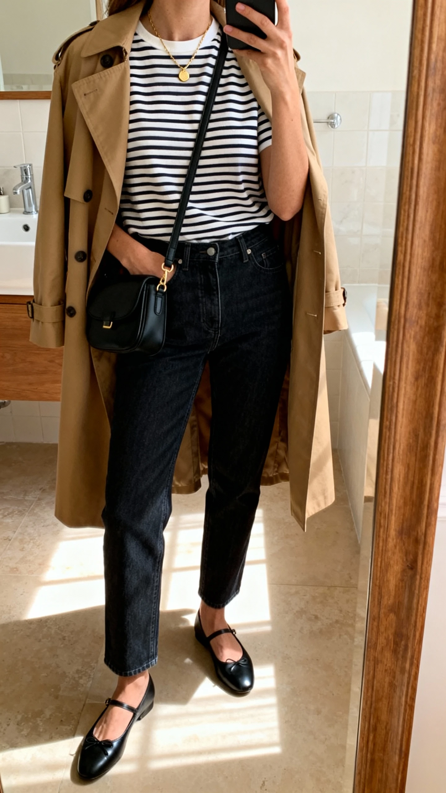 iPhone side-angle mirror selfie of a woman wearing Parisian-prep: striped Breton tee tucked into straight-leg dark-wash jeans, black leather ballet flats, tan trench coat draped over shoulders, small black crossbody, delicate gold necklace, face not visible, bathroom mirror, morning light, iPhone photo quality.