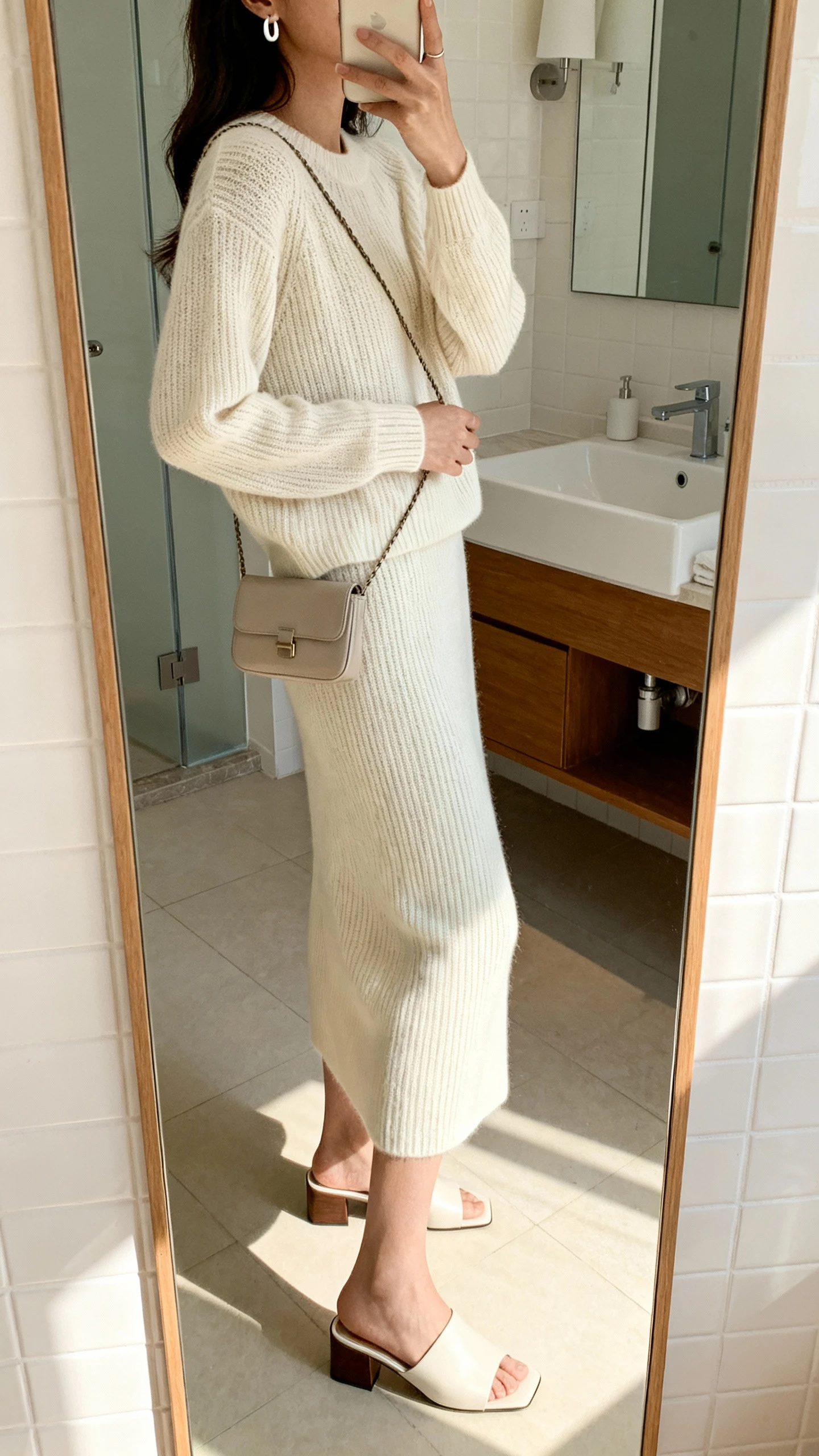 iPhone side-angle mirror selfie of a woman wearing a monochrome knit set (matching fine-knit sweater and midi knit skirt), minimalist earrings, low block-heel mules, and a small crossbody, face not visible, bathroom mirror, soft morning light, iPhone photo quality