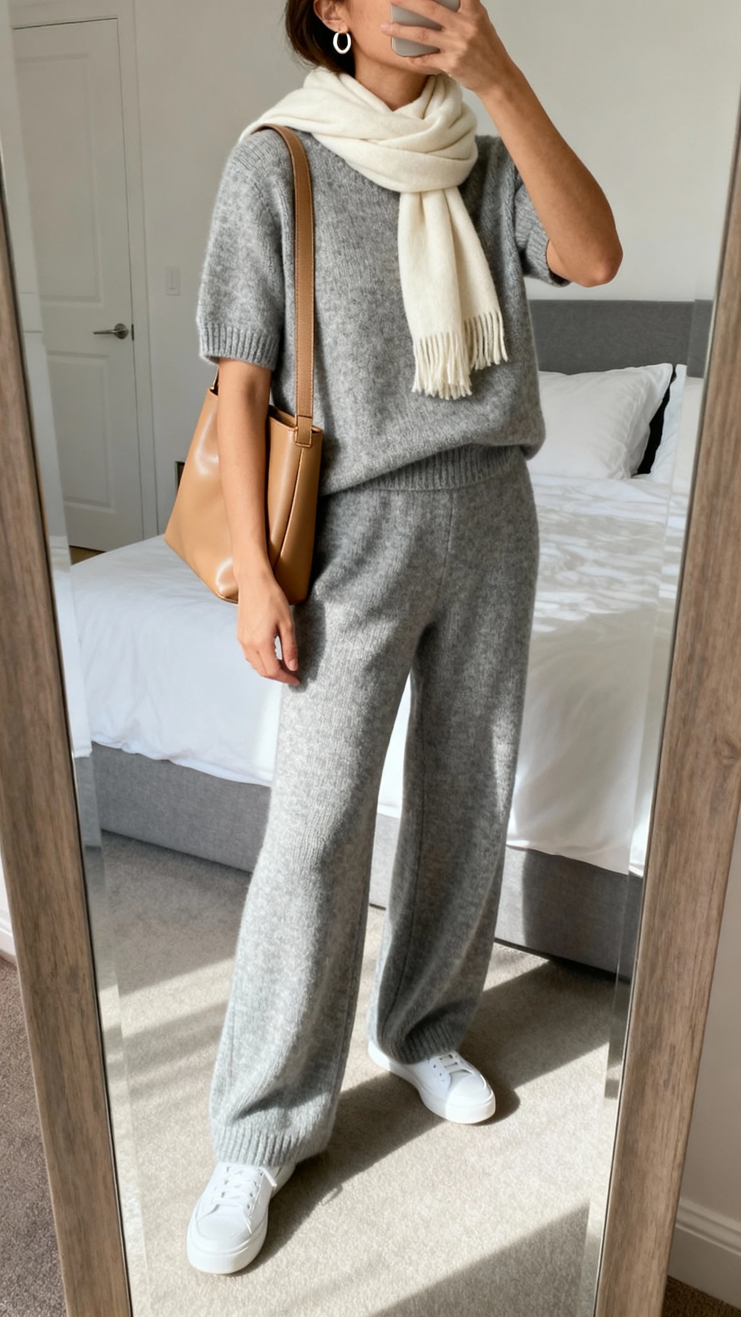 iPhone side-angle mirror selfie of a woman wearing a matching knit set: short-sleeve sweater and wide-leg knit pants in soft gray, clean white sneakers, minimal ear hoops, a sleek tan shoulder bag, and a lightweight cream scarf, face not visible, cropped at shoulders, bedroom mirror, natural daylight, iPhone photo quality.