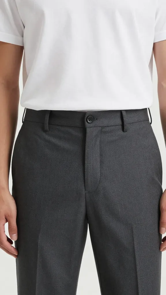 closeup white cotton tee tucked into charcoal tailored trousers