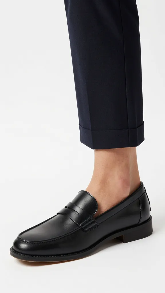 single black leather loafer on cropped trouser cuff