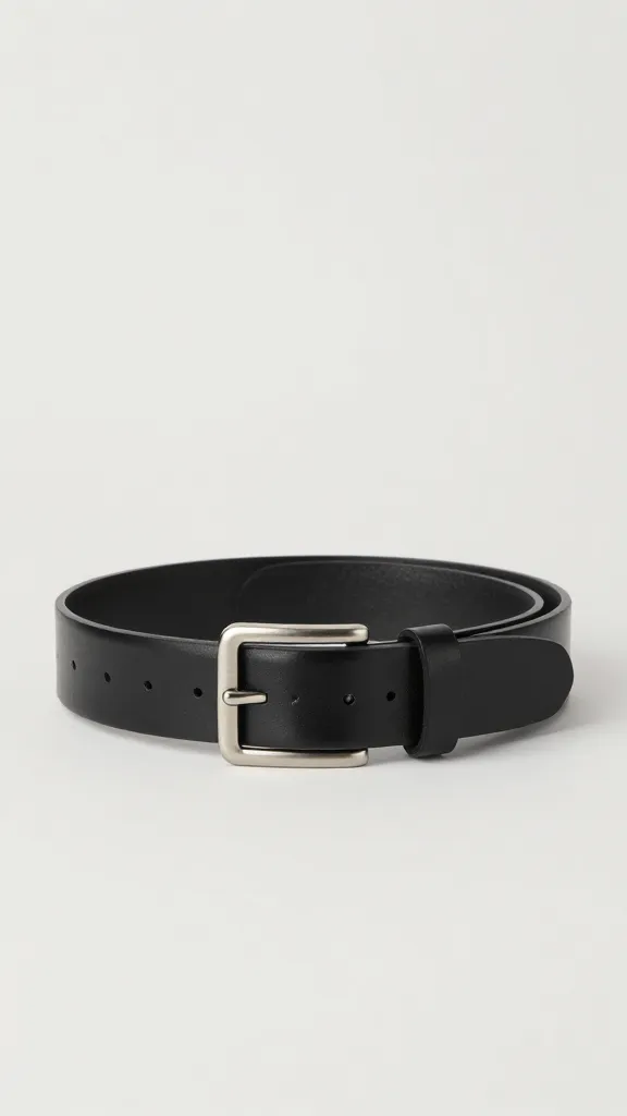 minimalist black leather belt cinching tailored waistband