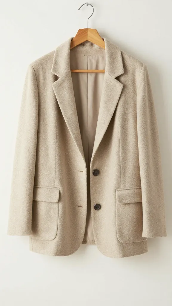 oatmeal relaxed blazer on wooden hanger, soft drape, studio light