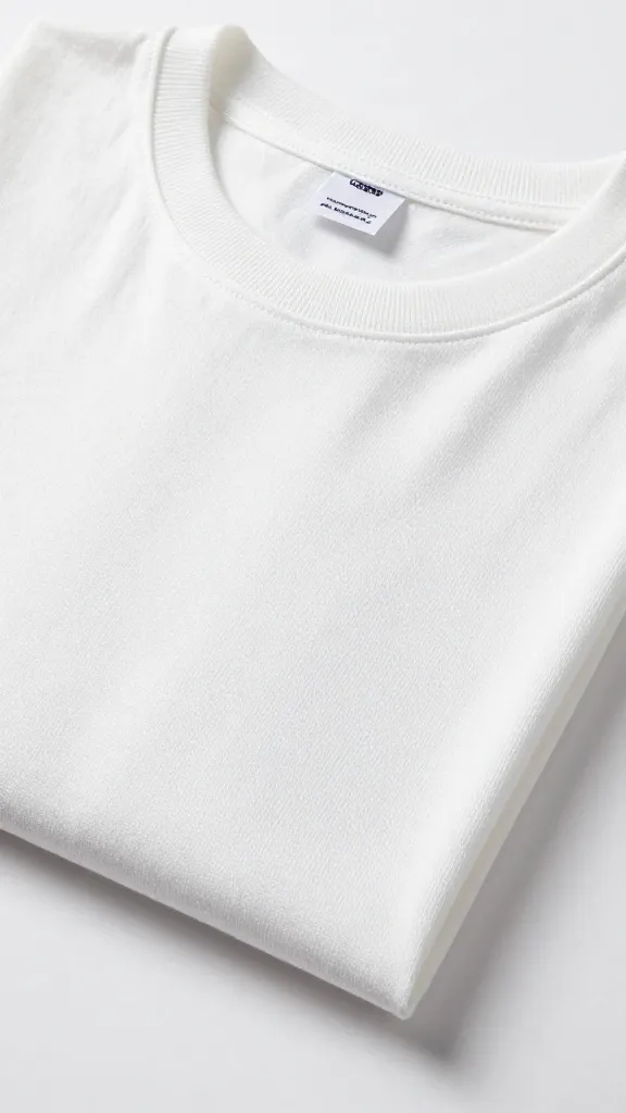 closeup white crewneck tee folded, fine cotton texture