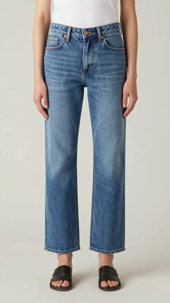 straight-leg medium-wash denim waistband, button and pocket detail