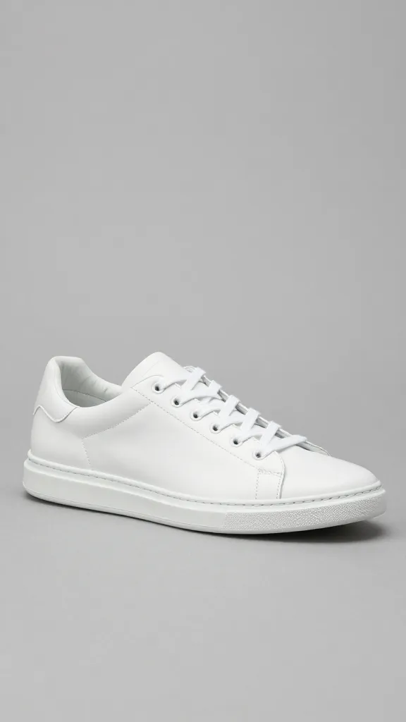 single white leather sneaker, clean profile, on neutral backdrop