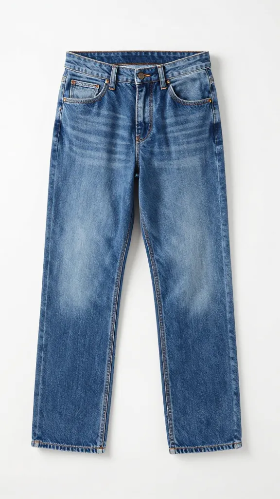 straight-leg blue jeans folded, clean hem detail