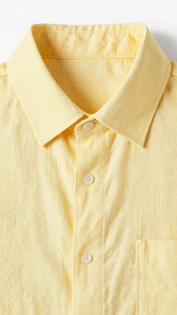 butter-yellow linen shirt, closeup on textured fabric collar