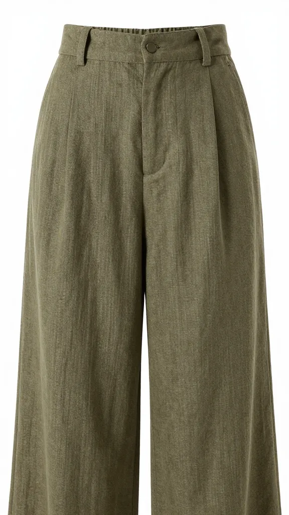 soft olive linen wide-leg pants, waistband detail closeup
