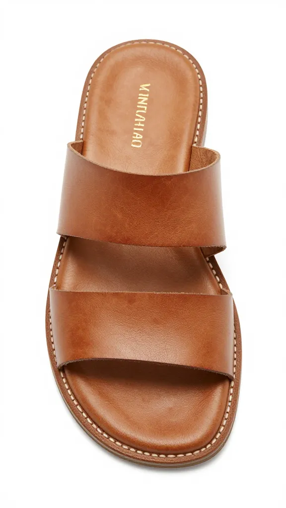 tan leather slide sandal, studio product closeup