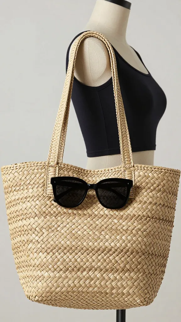 woven straw tote with oversized black sunglasses, tight crop
