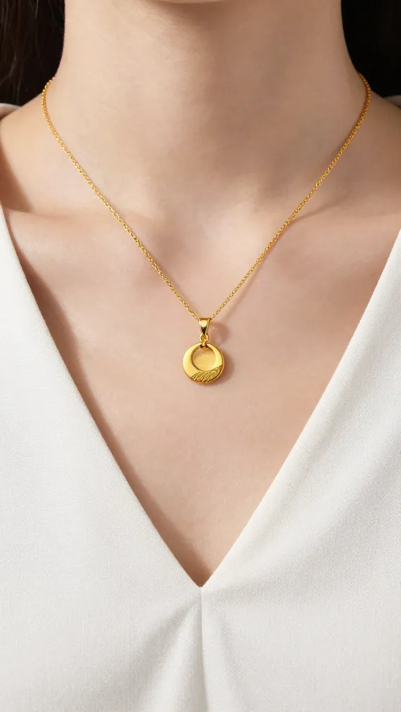delicate gold pendant necklace on collarbone, soft V neckline