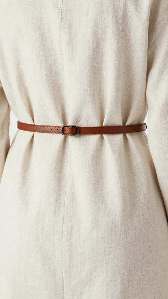 linen shirt dress waist detail with thin leather belt