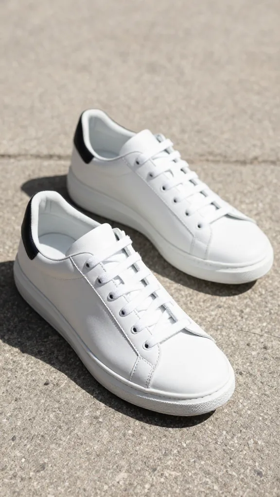 pristine white leather sneakers on sunlit sidewalk