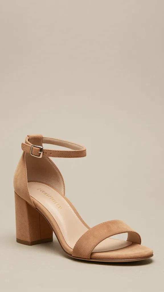 tan low block-heel sandal on neutral backdrop closeup