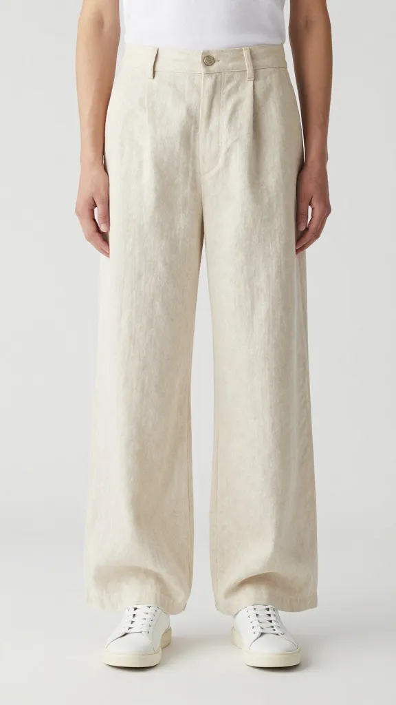 ecru linen wide-leg pants with minimalist leather sneakers