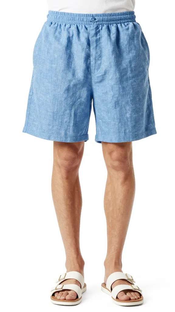 powder blue linen shorts with slide sandals, sunlit texture