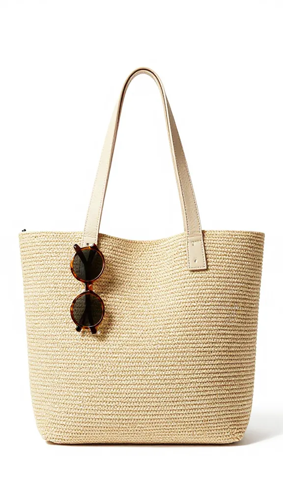 single straw tote with tortoiseshell sunglasses, summer light