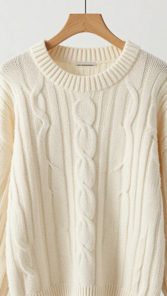 closeup oversized cream cable-knit sweater on wooden hanger