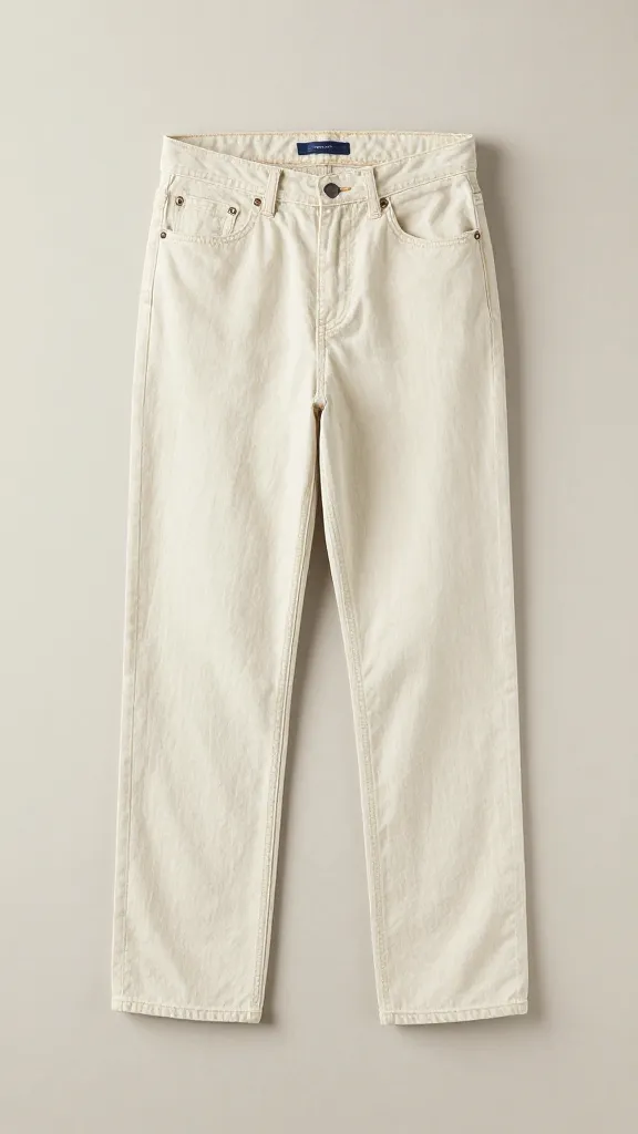 ecru straight-leg denim jeans folded on neutral linen