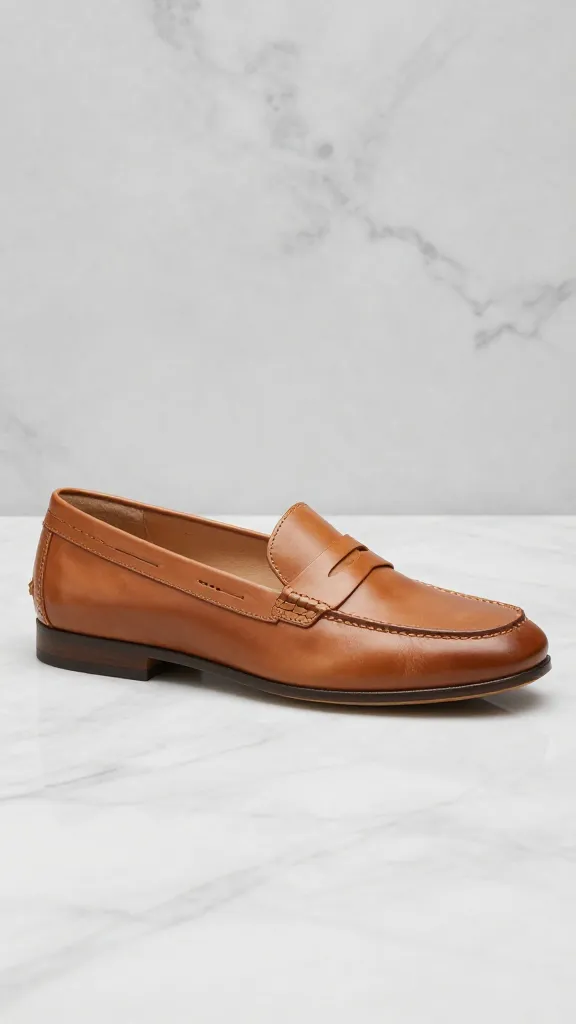 tan leather loafer, side profile on marble surface