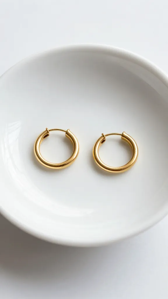 minimal gold hoop earring on white ceramic dish