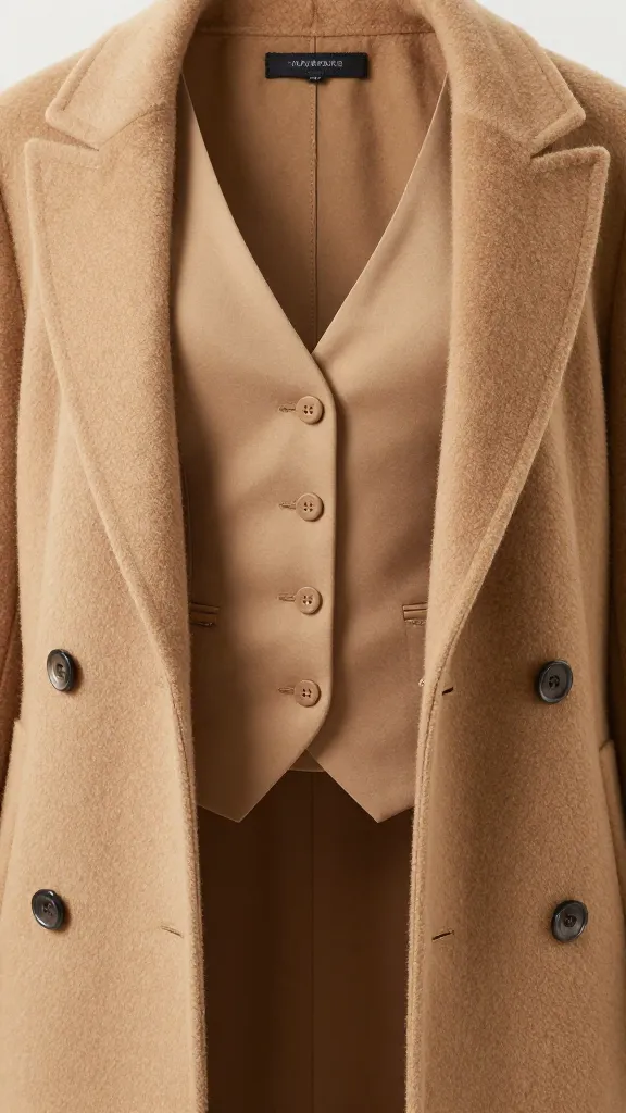 slim down vest under camel wool coat, torso closeup