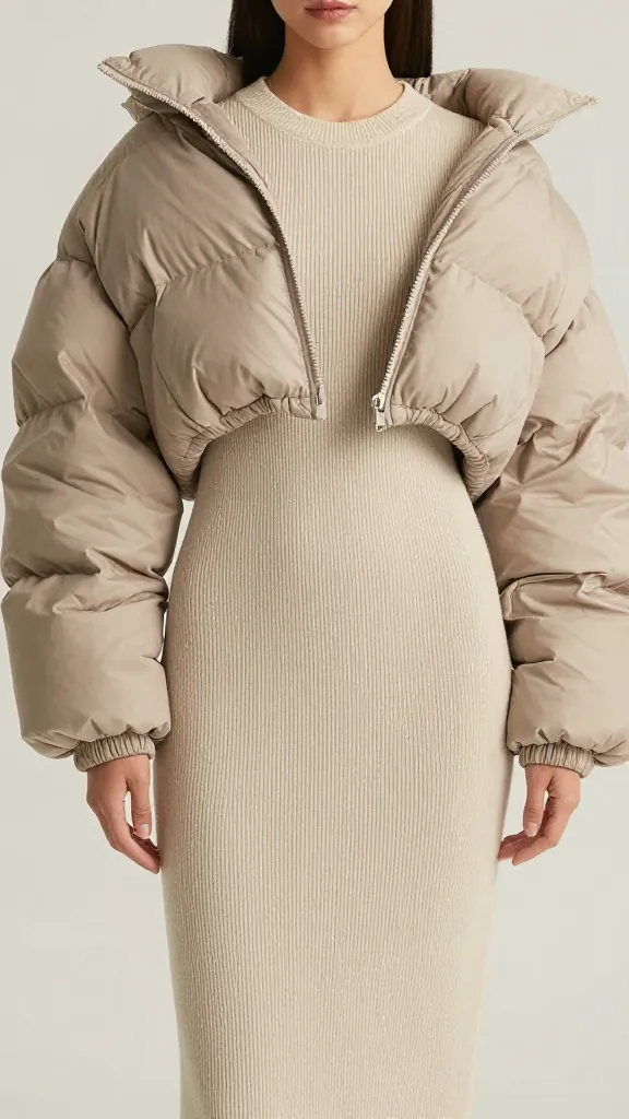 cropped puffer over long ribbed knit dress, waist-up