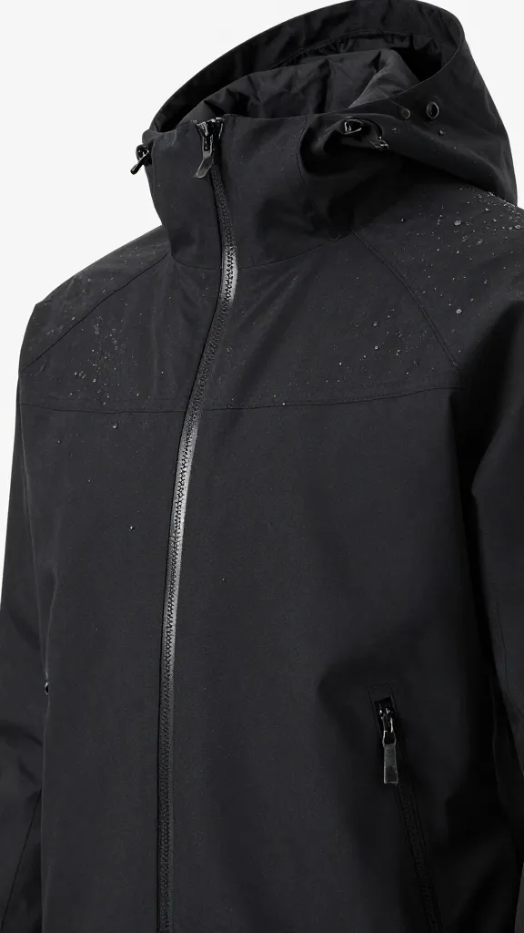 black technical shell jacket with water droplets, hood detail