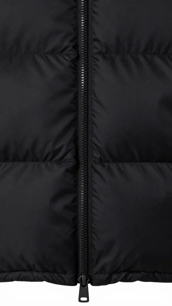 cropped black puffer jacket, closeup on matte zipper detail