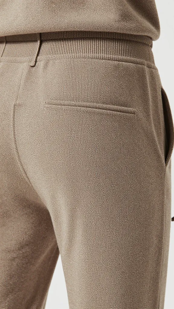 taupe ribbed knit joggers, waistband and pocket closeup
