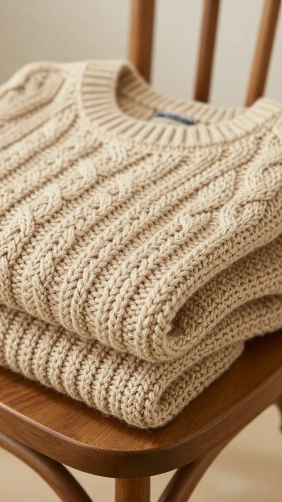 camel chunky cable-knit sweater, closeup folded on wooden chair