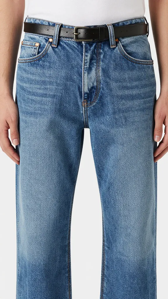 straight-leg medium-wash jeans, closeup waistband with thin leather belt