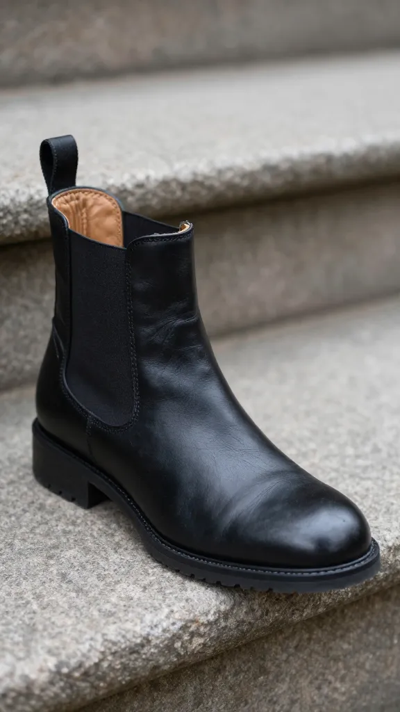 black leather Chelsea boot, closeup side profile on stone step