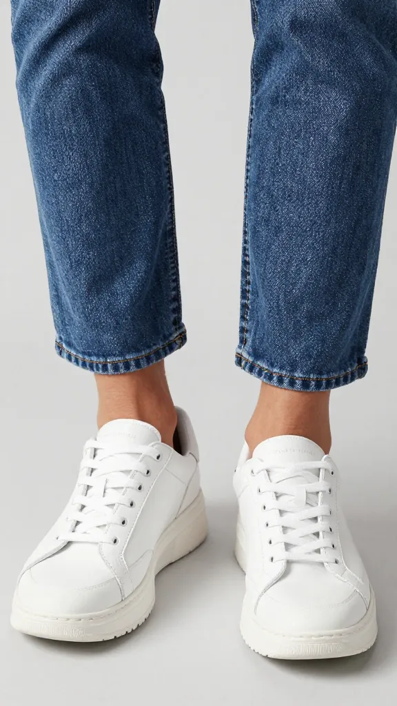 closeup tapered jeans cuff with chunky white sneakers