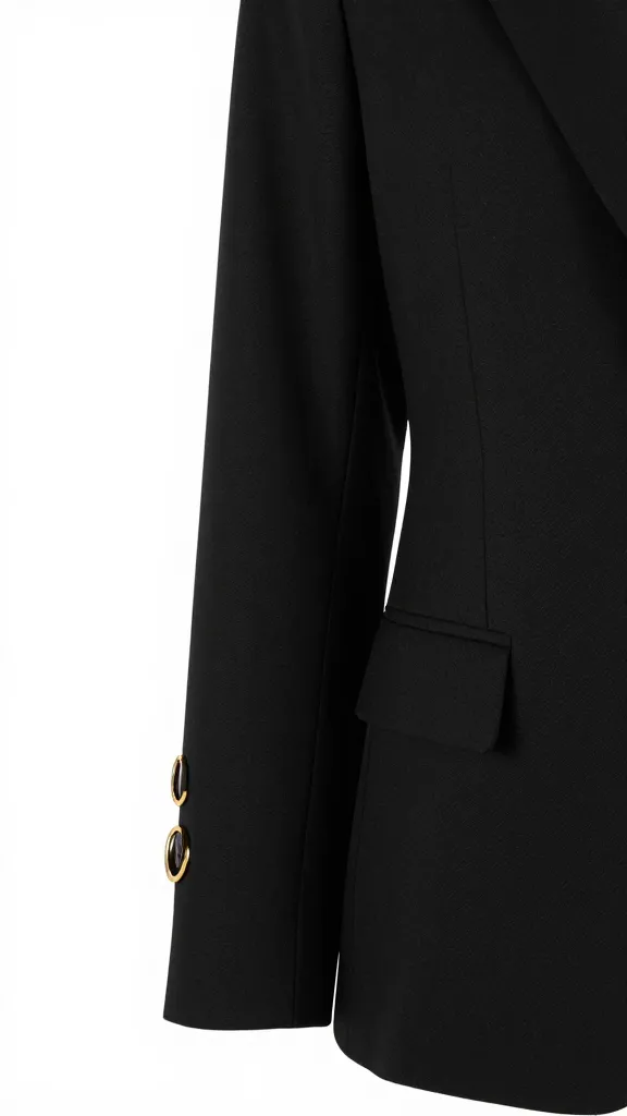 tailored black blazer sleeve with stacked gold hoops