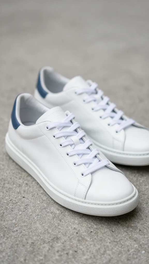 white leather sneaker on concrete, shallow depth of field