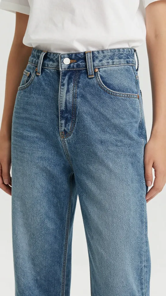 high-rise straight jeans waist with tucked white tee, closeup