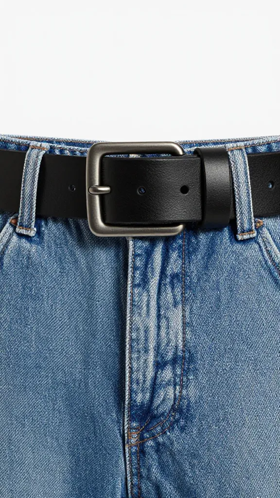 black leather belt on blue denim waistband, minimal hardware, closeup