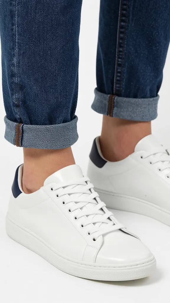 polished white leather sneaker beside cuffed denim hem, closeup