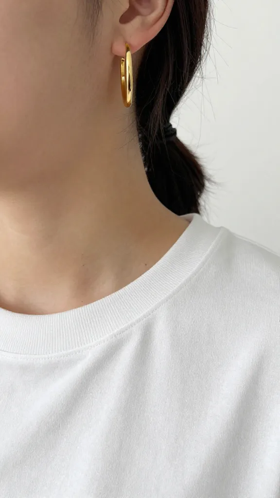 slim gold hoop earring against white tee neckline, closeup