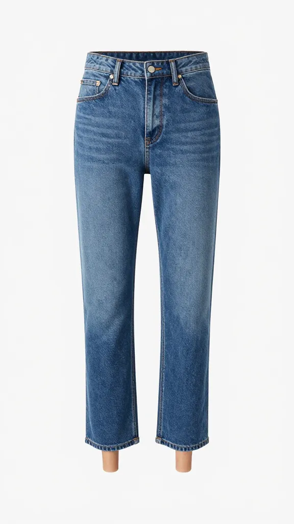 ankle-length mid-rise jeans hem, sharp clean edge, studio light