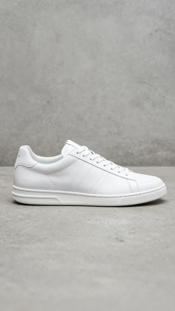 white leather retro runner sneaker, side profile on concrete