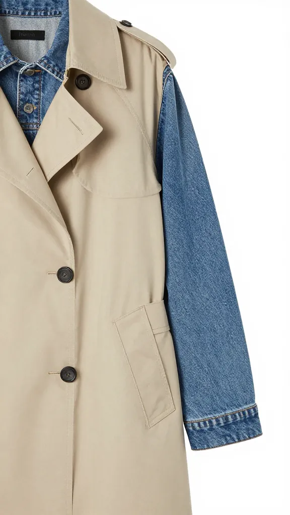 lightweight beige trench draped over blue denim jacket sleeve