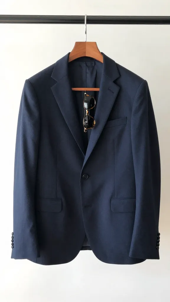 tailored navy blazer on hanger, thin tortoiseshell sunglasses hooked