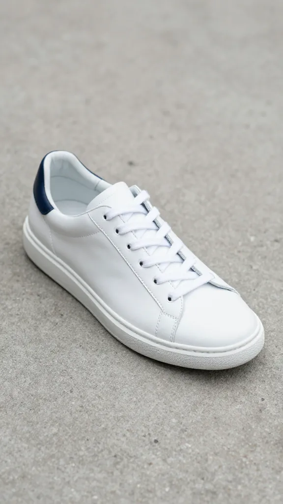 single white leather sneaker on concrete, soft daylight